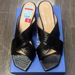 Stuart Weitzman Aletha 50 Black Croc-Embossed Sandals Size 10